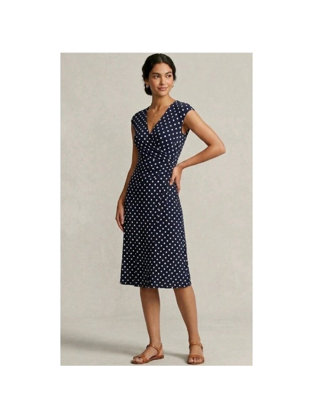 Lauren Ralph Lauren Polka Dot Dress Sleeveless Sz 8 Navy Blue Faux Wrap Midi